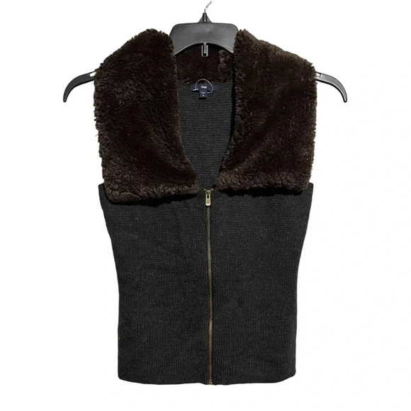 Gap Sweater Vest Womens Small Full Zipper Wool Brown Blend Faux Fur Collar - Picture 1 of 8